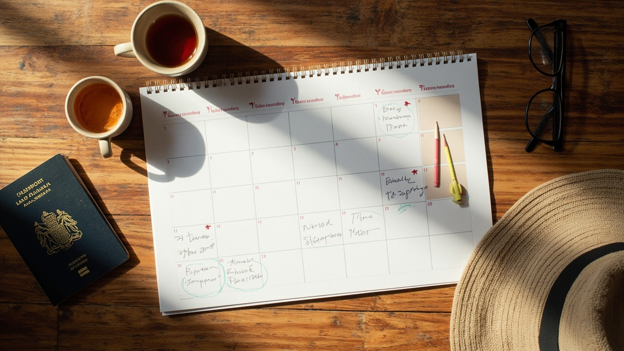 Overhead flat-lay of a paper desk calendar with two distinct softly-circled month blocks and an Australian passport on warm timber