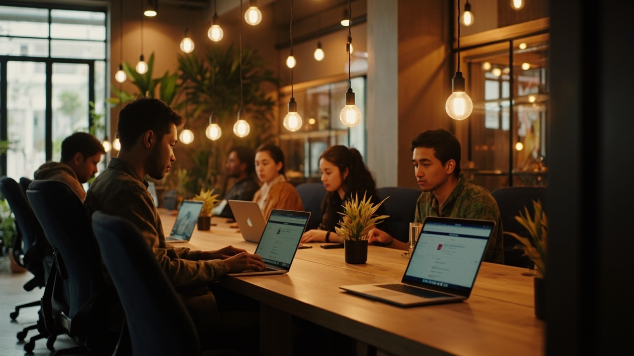 Wide warm-lit Cambodian coworking space with desks, plants, and a few softly-lit people working