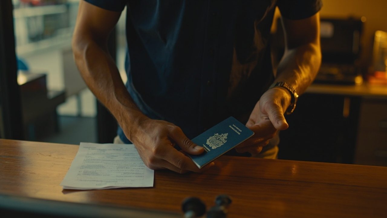 Australian traveller at a quiet immigration agent counter in Phnom Penh, handing over a passport