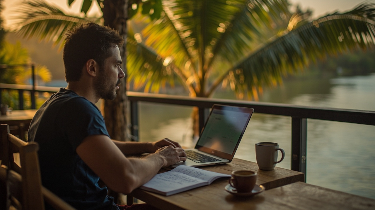 Australian nomad at a riverside Kampot cafe with a laptop, palms in soft background, warm tones