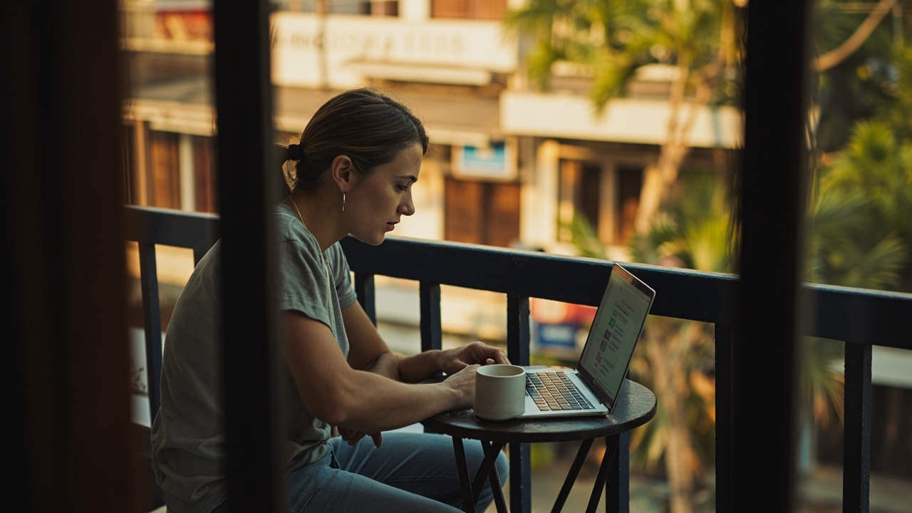 Australian nomad on a small apartment balcony in Siem Reap with a laptop and morning coffee, warm light, calm composition
