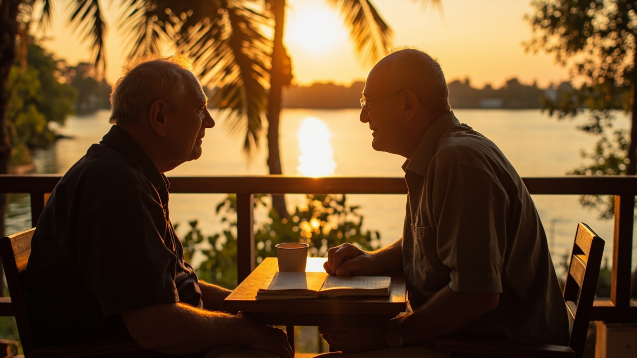 Australian retiree couple in their 60s sitting at a Kampot riverside cafe at golden hour, calm relaxed body language in warm tones