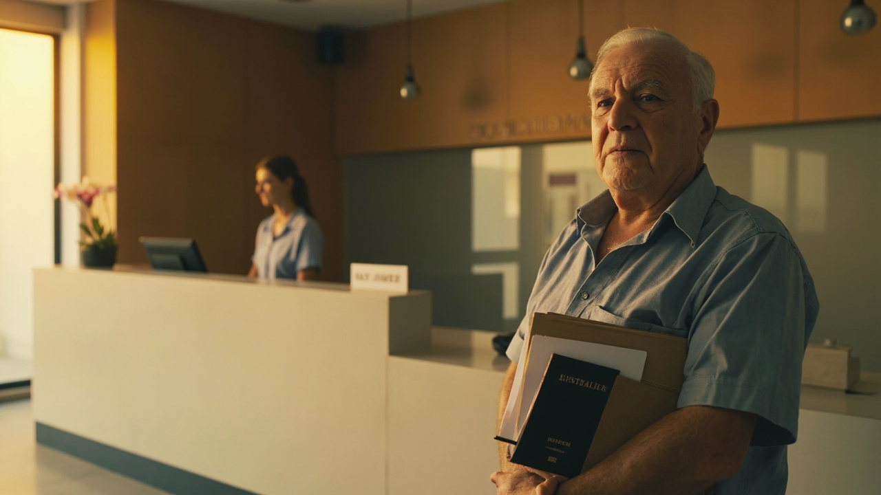Australian retiree at a generic modern hospital reception counter in Cambodia with no specific signage and warm light