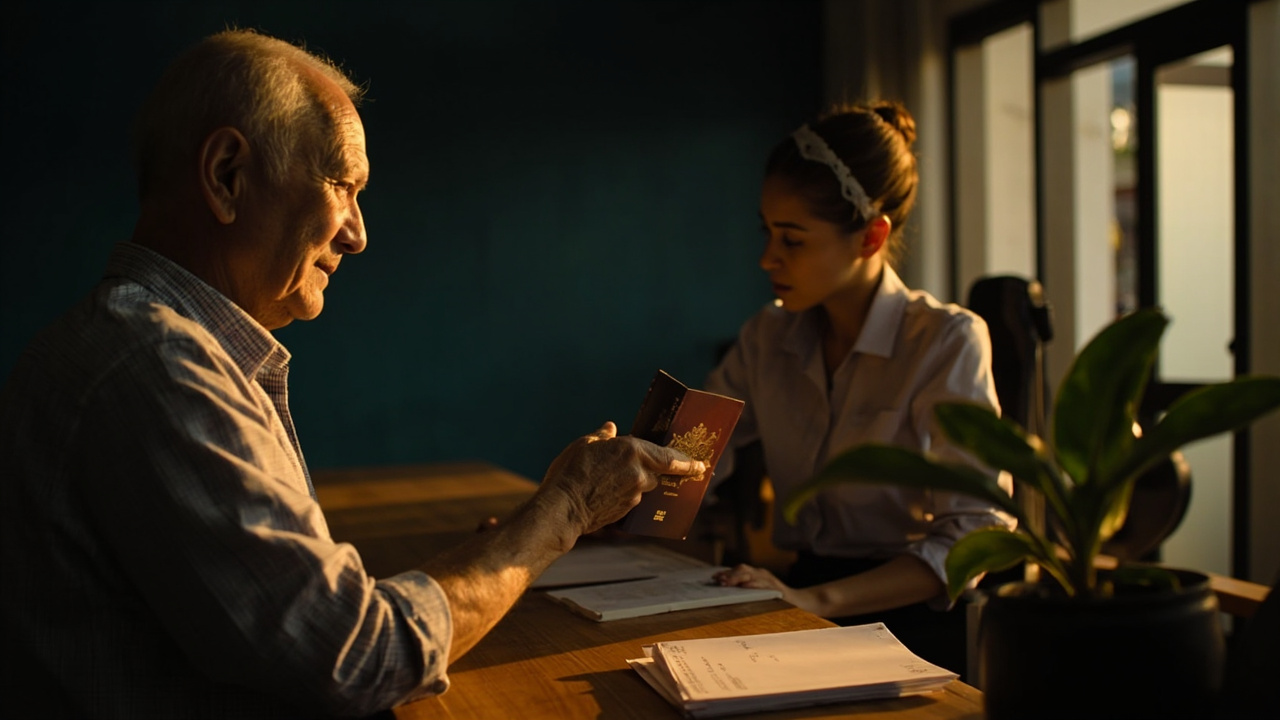 Australian retiree at a quiet Phnom Penh immigration agent counter handing over a passport