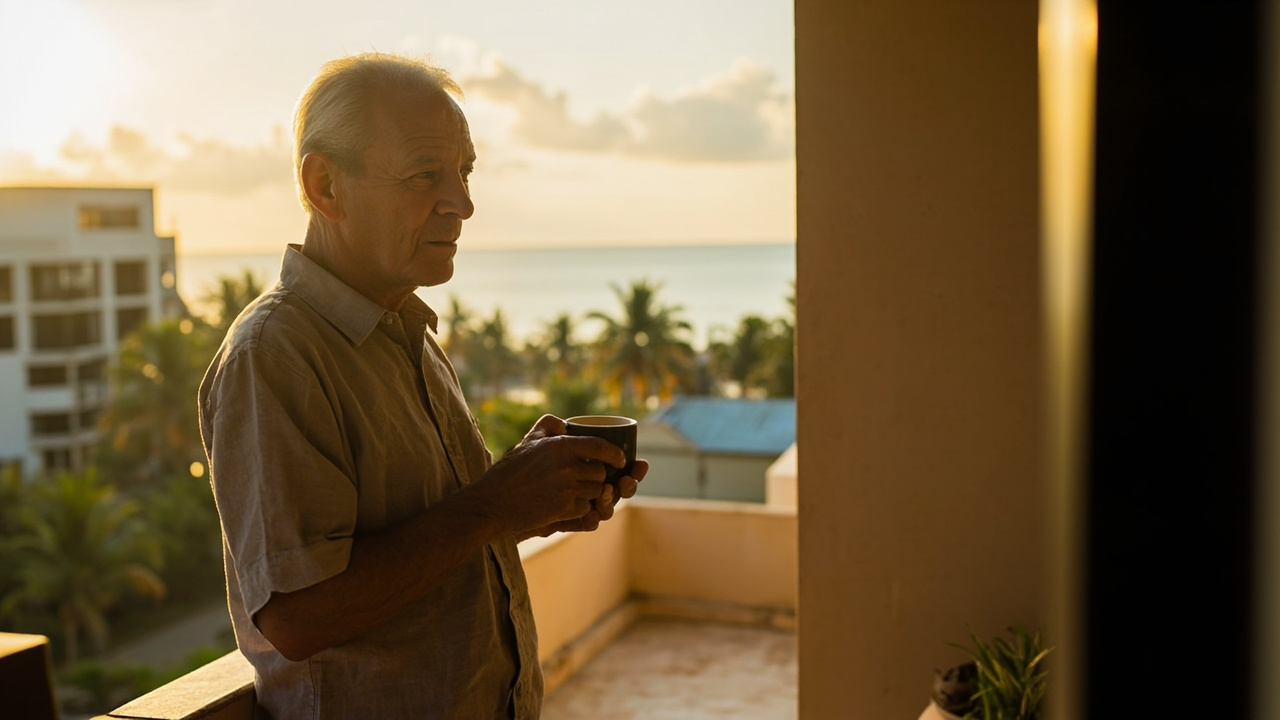 Australian retiree on a sunlit Sihanoukville or Kampot apartment balcony with morning coffee in warm light