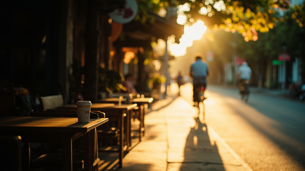 Quiet Siem Reap morning street scene with cafe tables and warm tones, no faces of locals in focus