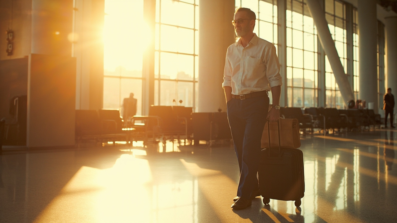 Australian business traveller in smart-casual clothing walking through a sunlit airport with a small carry-on and briefcase at golden hour