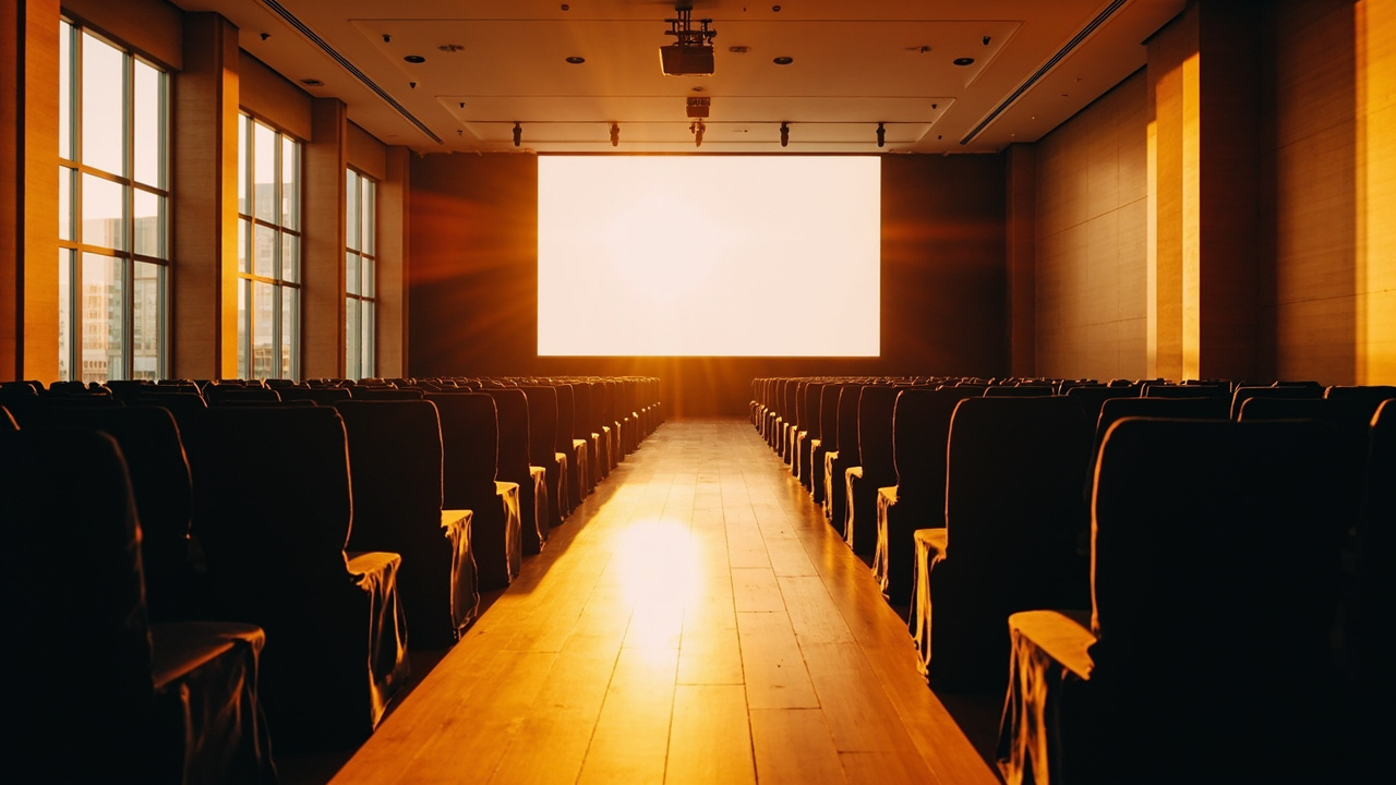 Wide warm-lit conference room with empty chairs and a presentation screen, text not legible, no recognisable signage