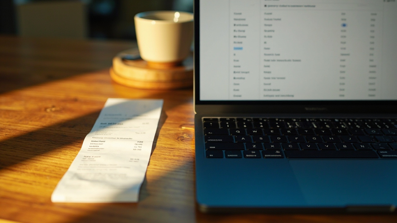 Close-up of a laptop showing a generic expense form UI with a small receipt, text intentionally soft and not legible, warm afternoon light