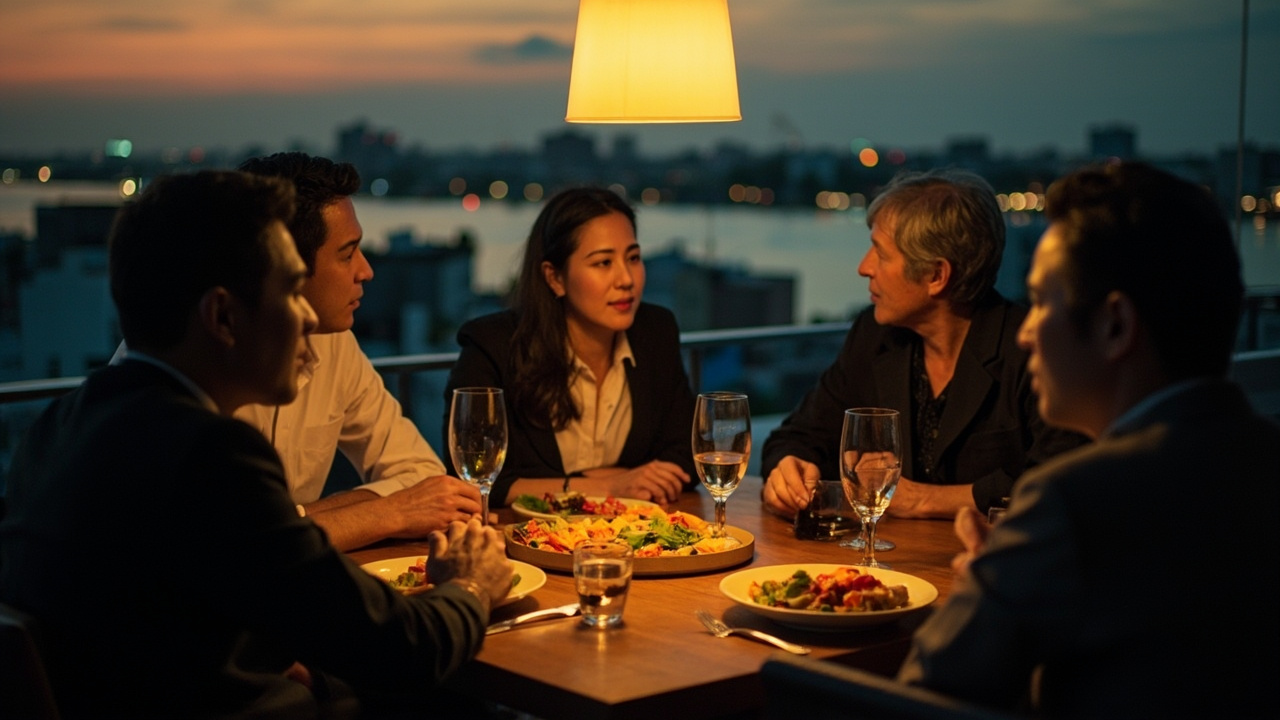 Australian business travellers at a sunlit Phnom Penh rooftop dinner table at warm dusk, calm composition, no recognisable signage