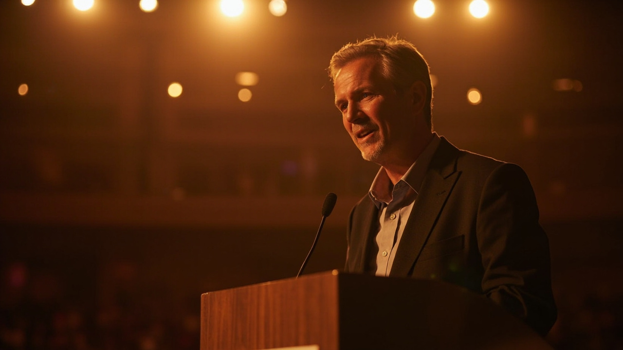 Australian conference speaker at a soft-focus presentation podium in a warm-lit Phnom Penh auditorium at golden hour