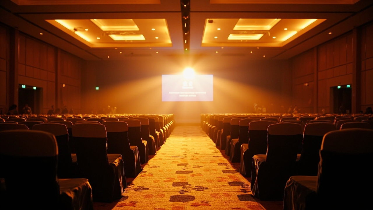Wide warm-lit empty Cambodian conference hall with rows of empty chairs and a soft presentation screen at the front