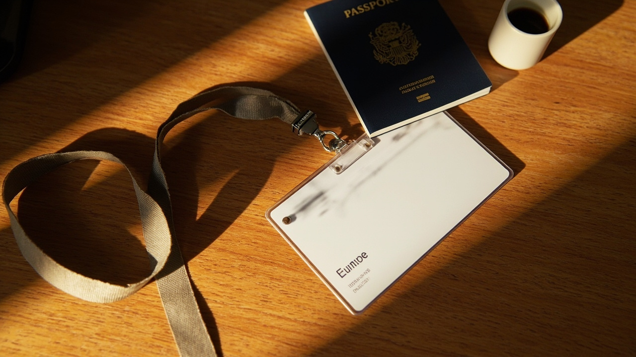 Overhead close-up of a generic conference lanyard and name badge on a warm wooden desk, text intentionally soft and not legible