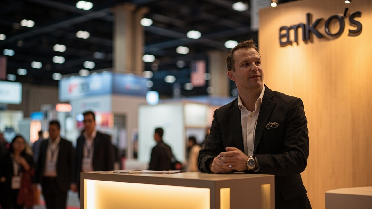Australian exhibitor at a small generic exhibition booth at a Phnom Penh event, warm lighting and no specific company signage