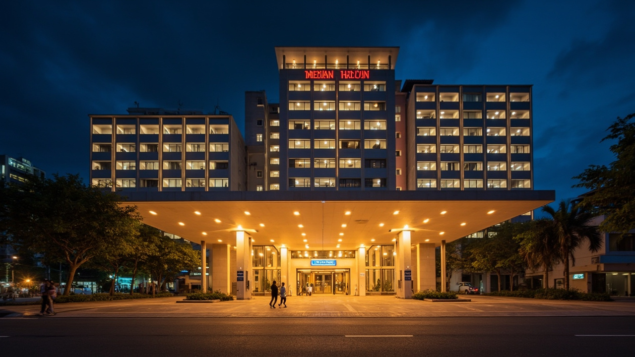 Wide warm-evening exterior of a Phnom Penh hotel-conference venue at dusk, generic facade with no specific signage