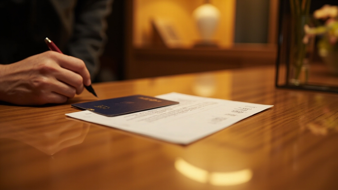 Close-up of a hotel reception desk with an Australian passport and a printed eVisa PDF page, warm lighting, no brand marks