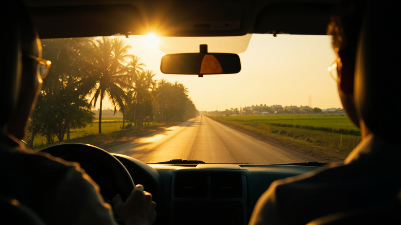 View through a private car window of a Kandal province rural road with palm trees and rice paddy at golden hour, no brand marks