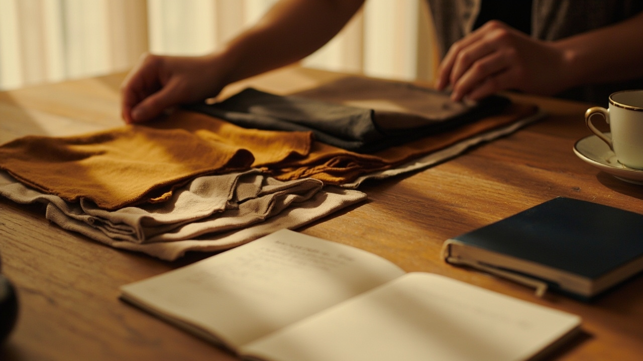 Garment samples laid out on a timber meeting table with a buyer's notebook and a coffee cup, warm window light