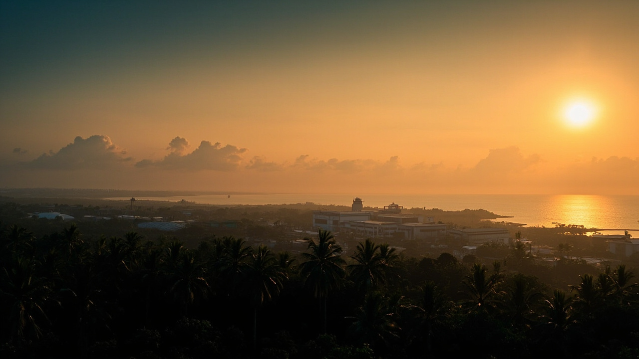 Wide view of a Cambodian coastal industrial port at warm dusk with palm trees in the foreground, no brand marks or signage