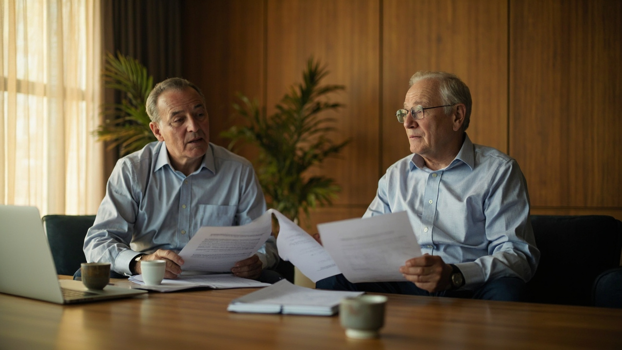Australian investor in smart-casual professional dress reviewing documents across a warm-lit meeting table with a Cambodian lawyer, no brand marks visible