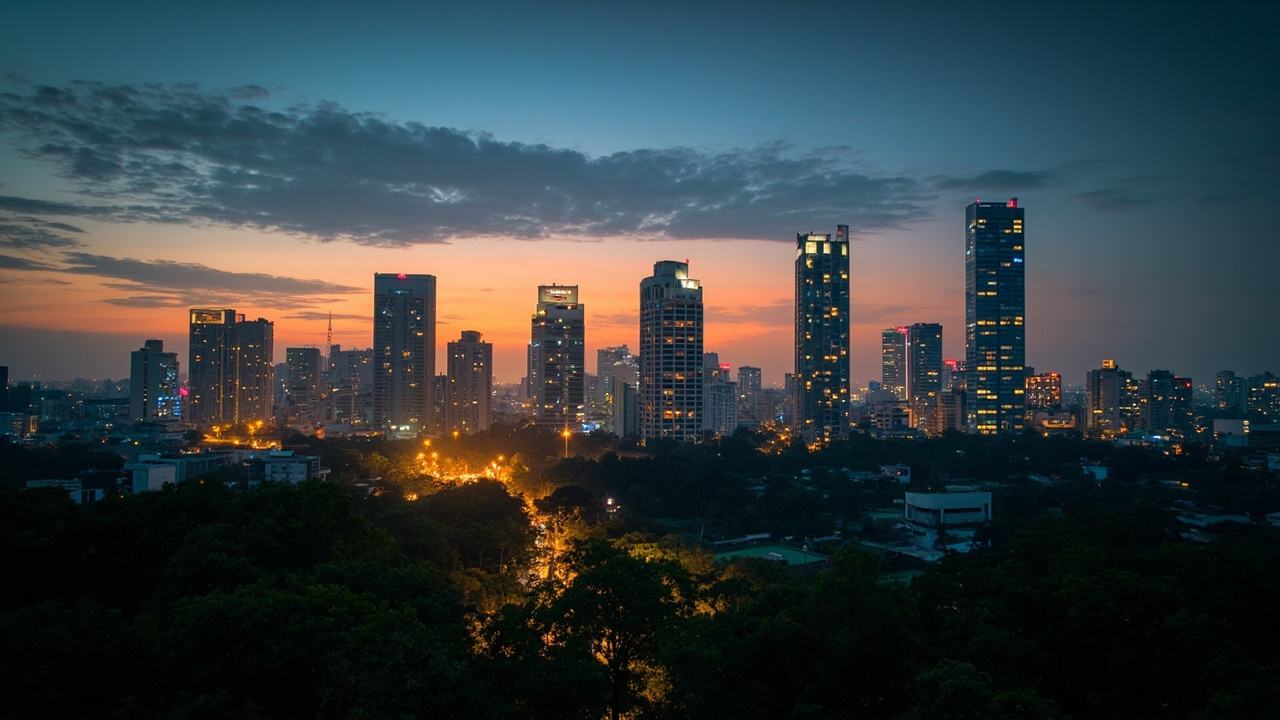 Wide view of the Phnom Penh BKK1 skyline at warm dusk with no recognisable building signage, calm composition
