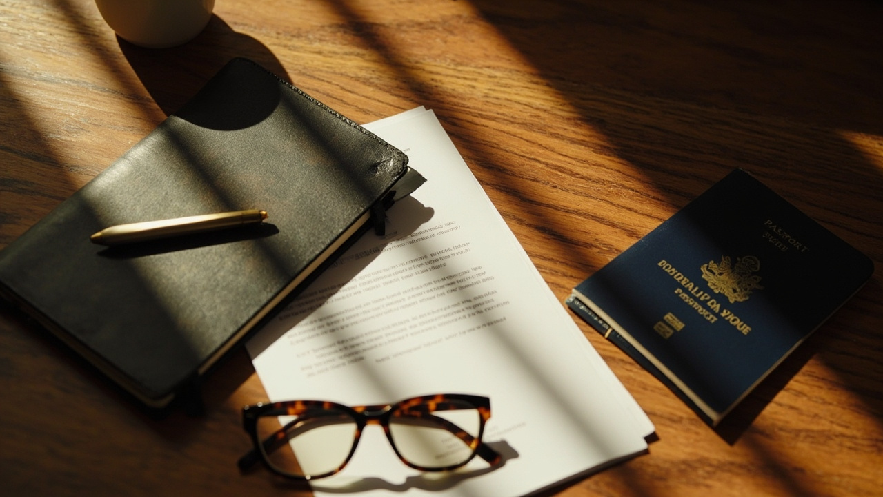 Flat lay of investor DD documents, a passport, and a notebook on a timber desk with warm window light, no brand marks