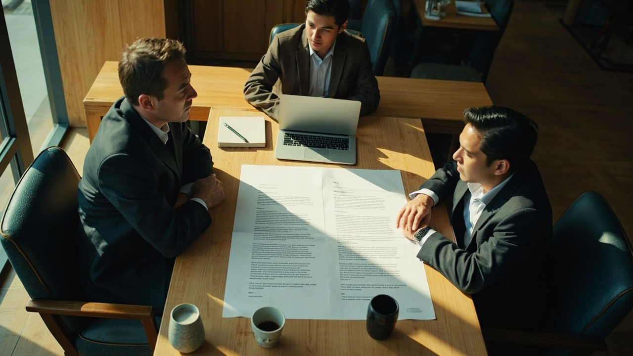 Wide editorial shot of three professionals at a working session table reviewing a printed term sheet, warm window light, no brand marks