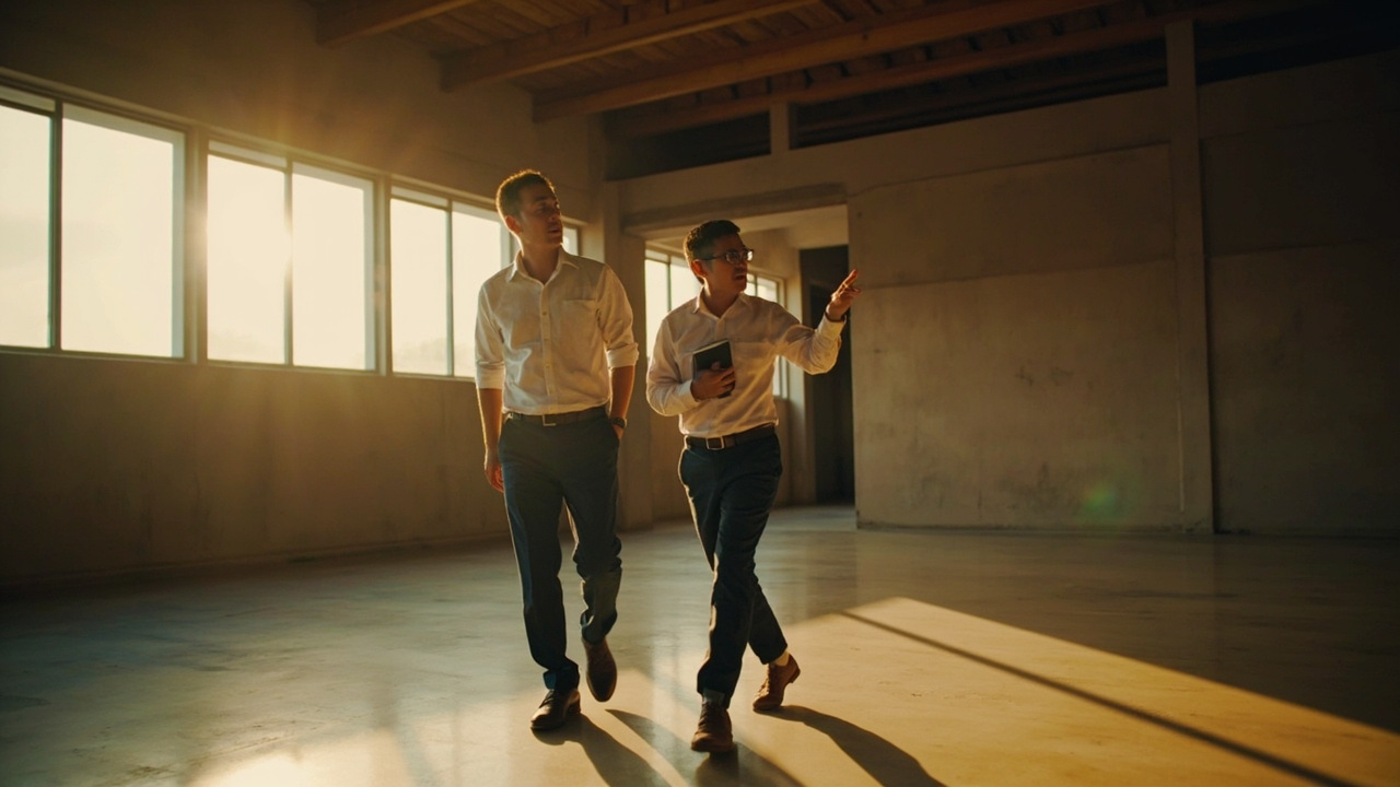 Two professionals walking through a Phnom Penh property under inspection at warm afternoon light, no brand marks or signage