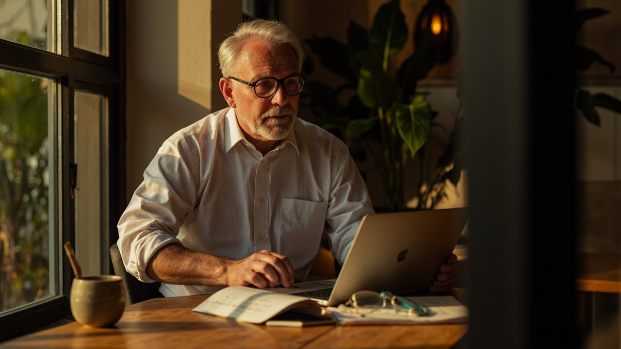 Australian consultant working on a laptop at a warm-lit Phnom Penh cafe-style workspace with a coffee and notebook, no brand marks visible