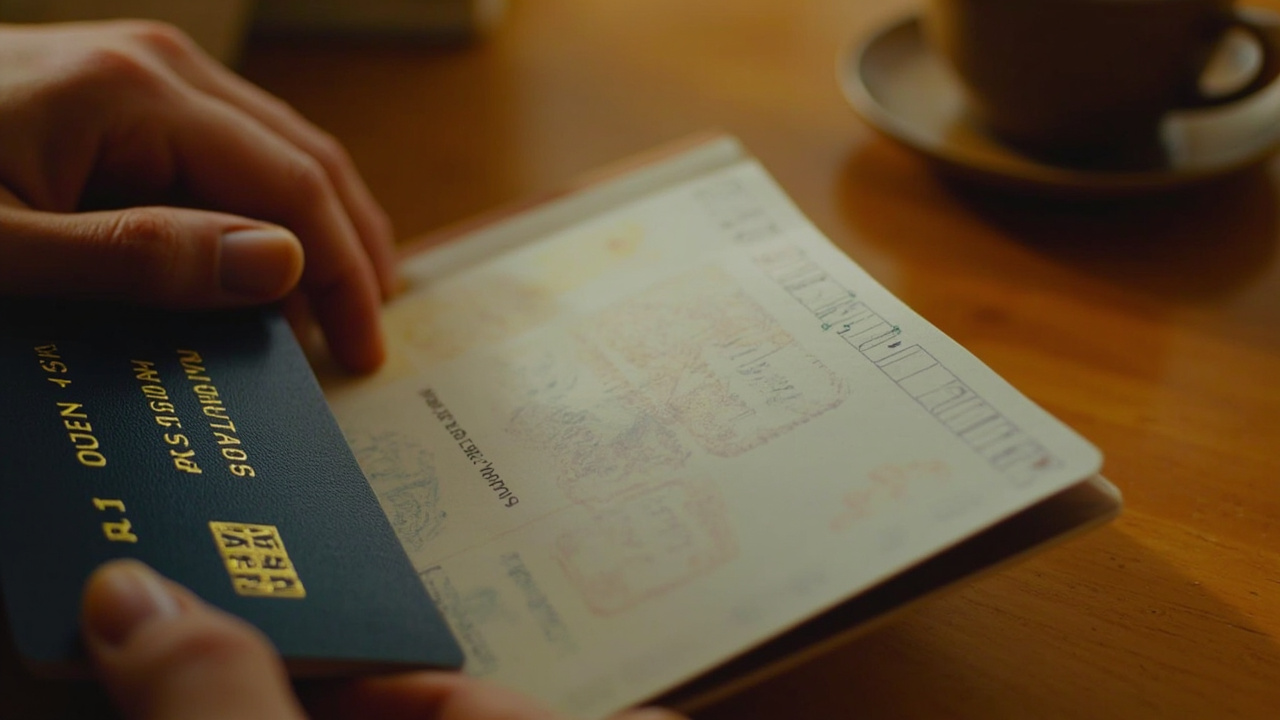Close-up of an Australian passport open to a generic visa-stamp page on a timber desk, text not legible, warm light