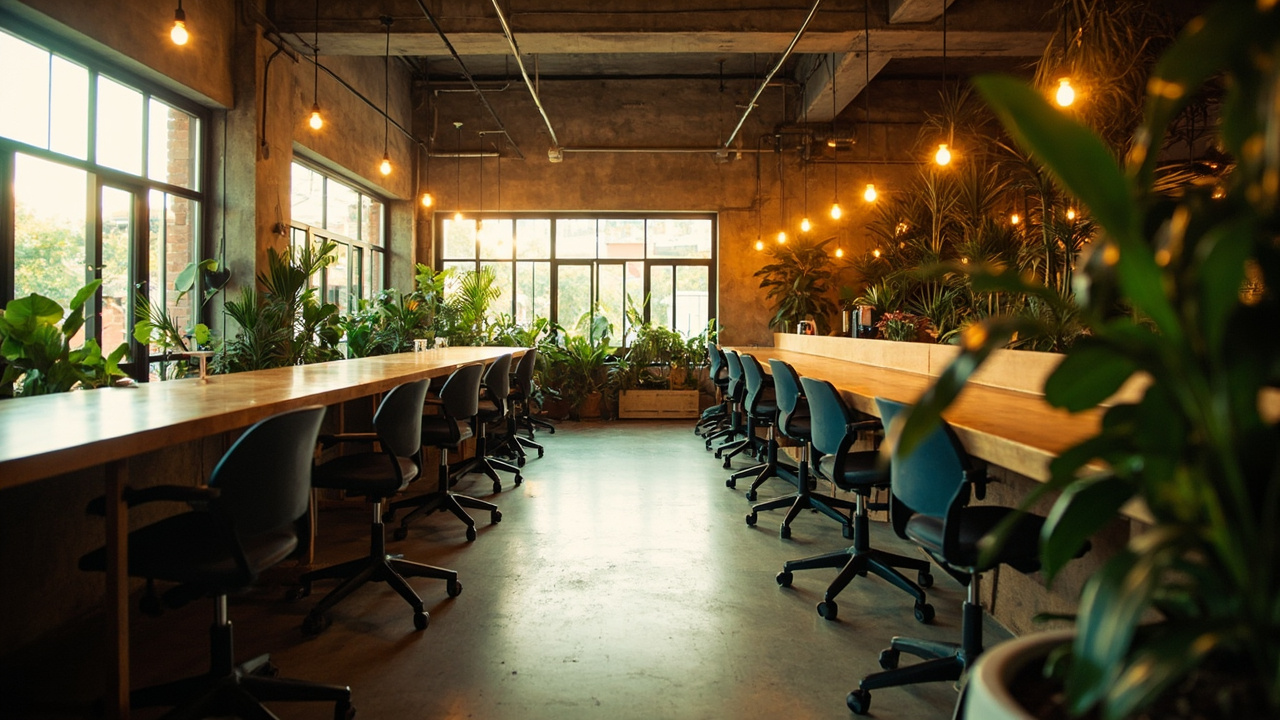 Wide editorial shot of a warm-lit Phnom Penh co-working space with timber desks and tropical plants, no people, no brand marks