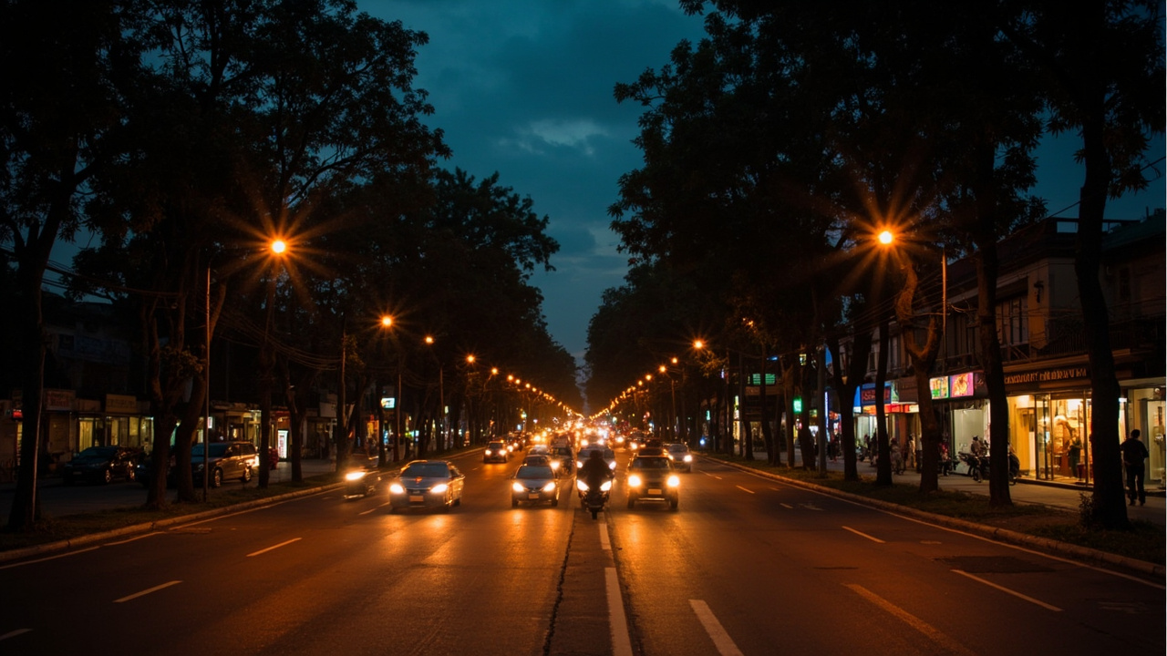 Wide view of a tree-lined Phnom Penh boulevard at warm dusk with no recognisable signage, calm atmosphere