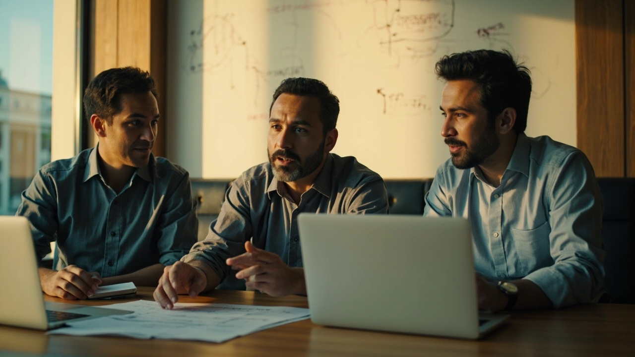 Wide shot of three project team members at a briefing table with laptops and a whiteboard sketch, warm window light, no brand marks