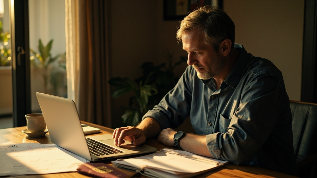 Australian consultant in their early 40s working at a sunlit Phnom Penh apartment desk with a paper calendar, an open laptop, and an Australian passport beside a small notebook
