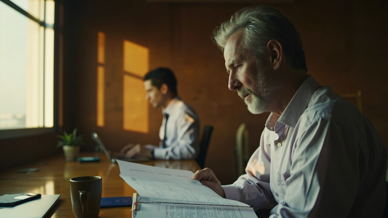 Australian development professional in their late 40s reviewing project documents at a warm office desk in Phnom Penh with a softly out-of-focus colleague in the background