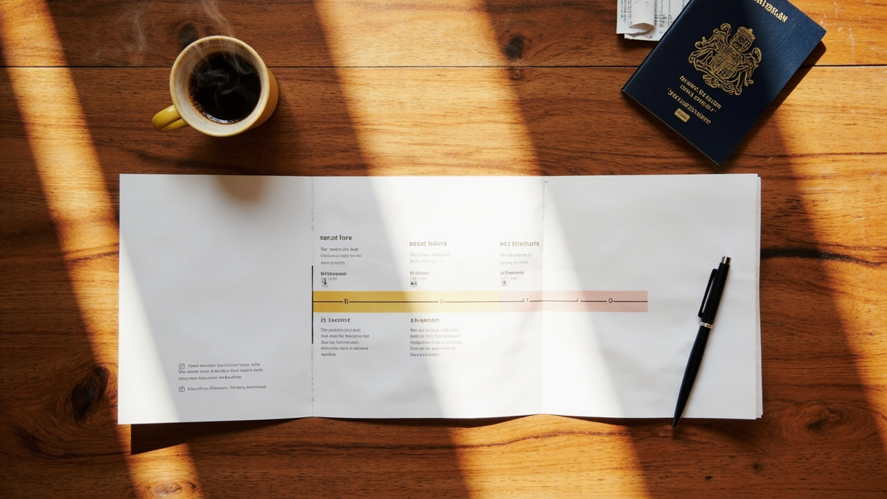 Overhead flat-lay of a paper timeline with three coloured bands marking 3, 6, and 12-month options, an Australian passport, and a coffee on a warm timber desk