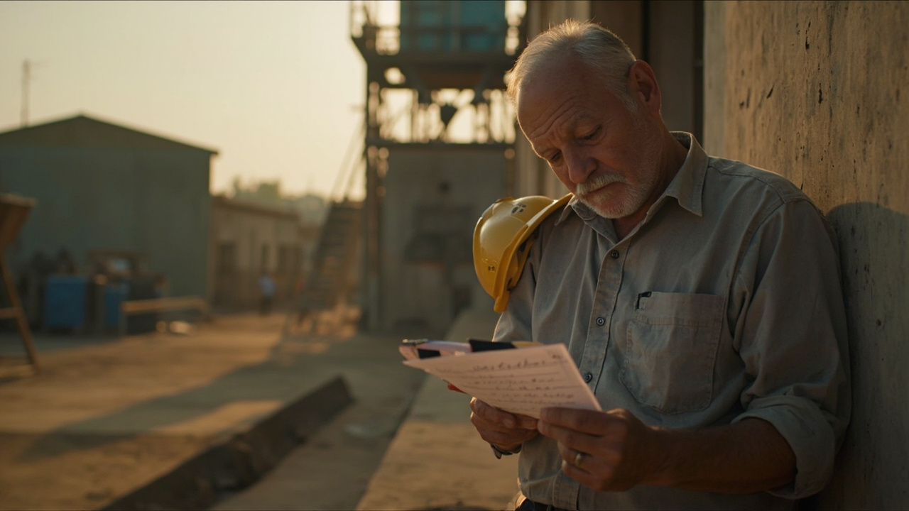 Australian mining services contractor reviewing notes on a clipboard at a quiet Kandal cement plant in soft late-afternoon light