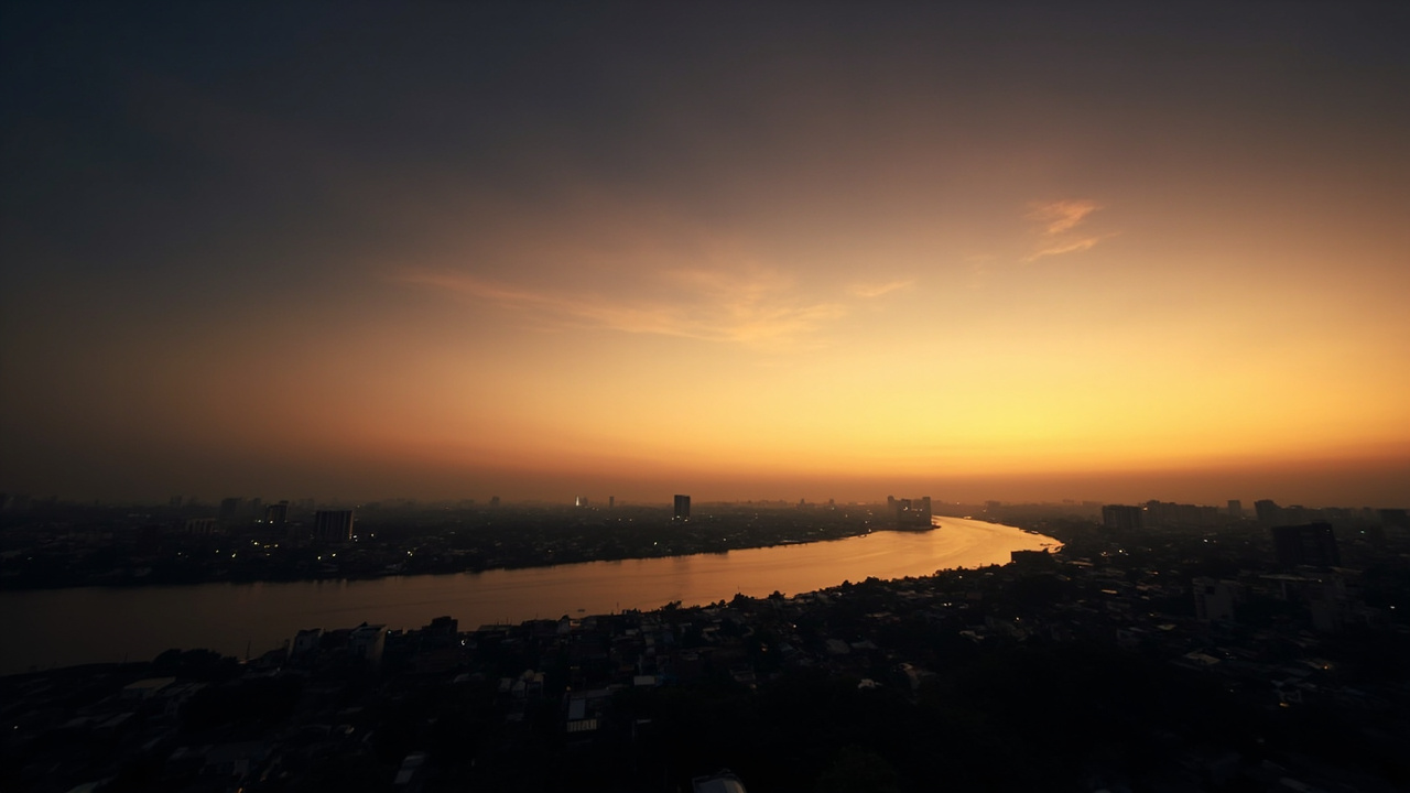 Warm dusk over the Mekong river in Phnom Penh with soft low-rise rooftops and a gold-to-navy sky gradient