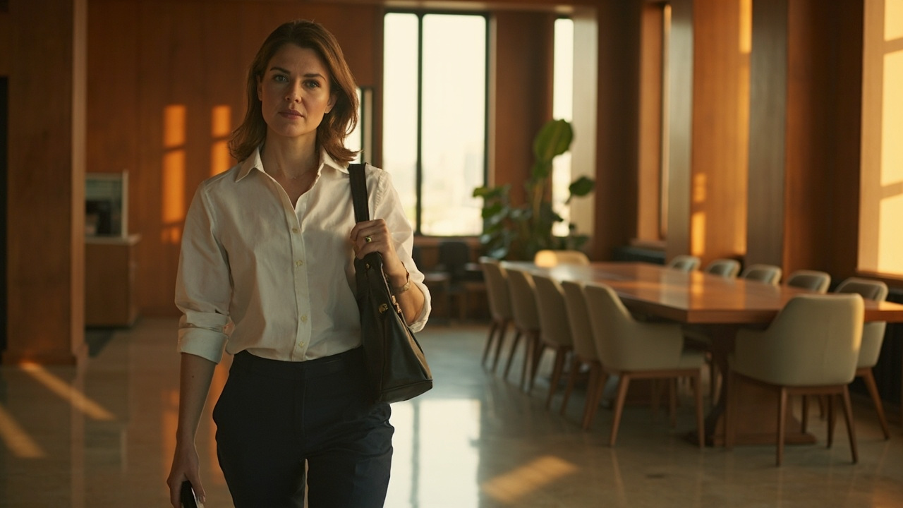 Australian sales director in her early 40s walking into a sunlit Phnom Penh meeting room with a laptop bag and notebook