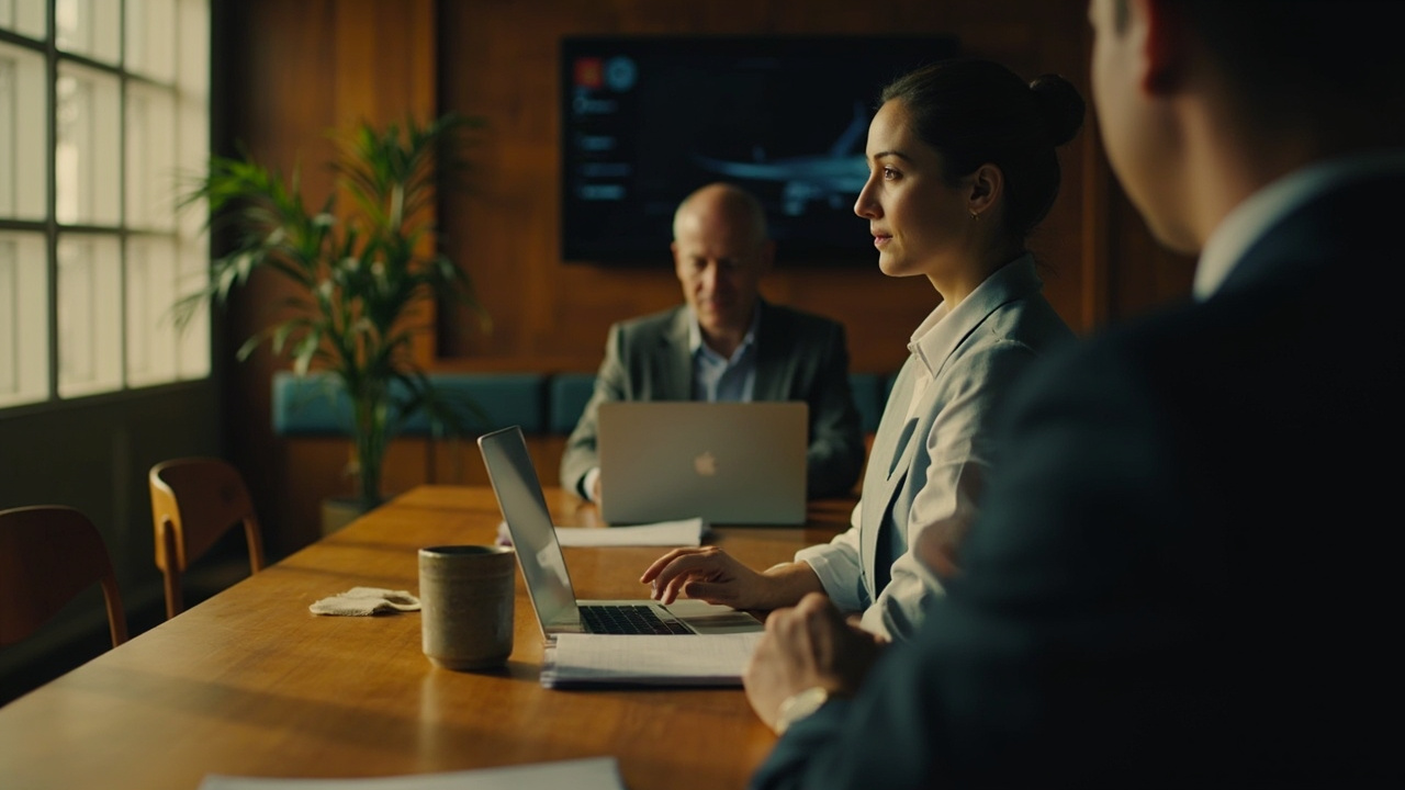 Wide editorial shot of an Aussie business traveller in a calm Phnom Penh distributor meeting room with two soft-focus colleagues across the table