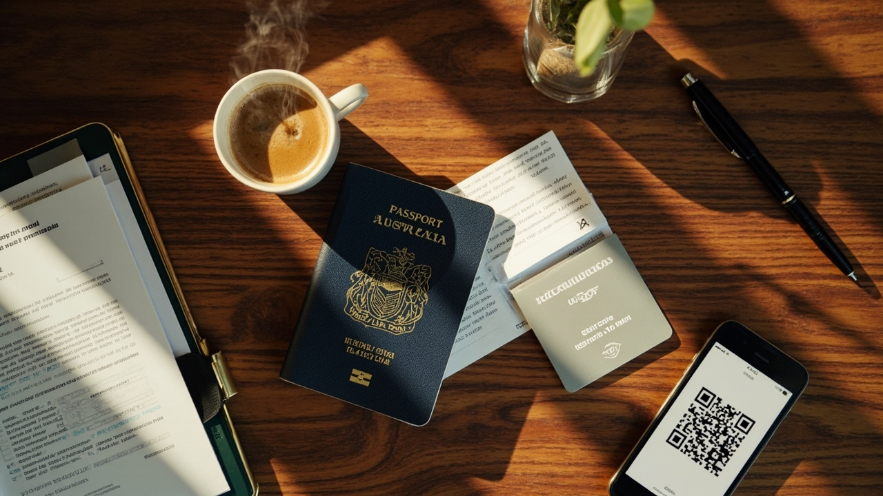 Overhead flat-lay of a closed Australian passport, a paper eVisa printout, a smartphone showing a generic QR code, and a coffee on a warm timber desk