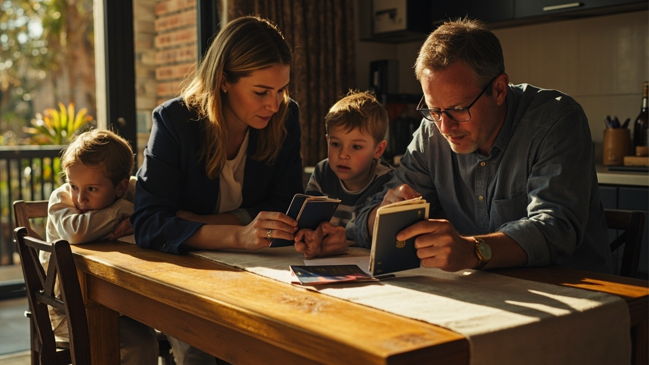 Australian family at a sunlit Sydney dining table sorting through their passports together, an adult holding a child passport