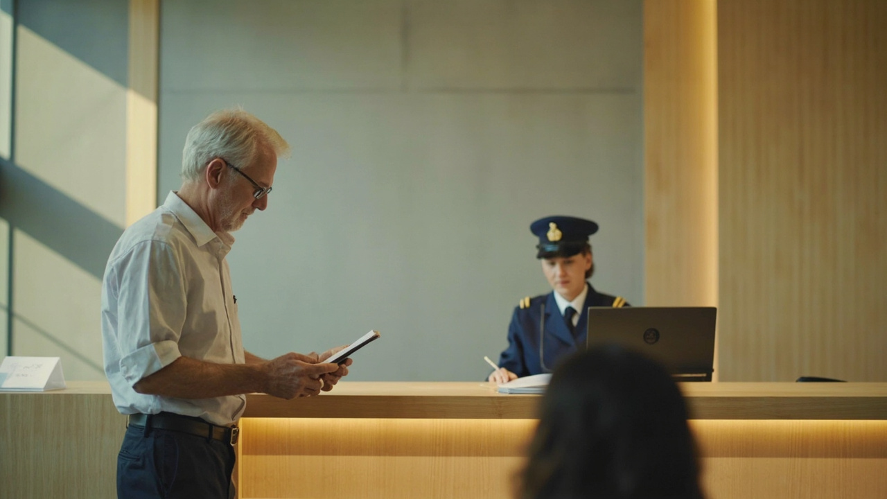 Australian traveller calmly submitting paperwork at a generic government passport office counter, suggesting a DFAT priority renewal visit
