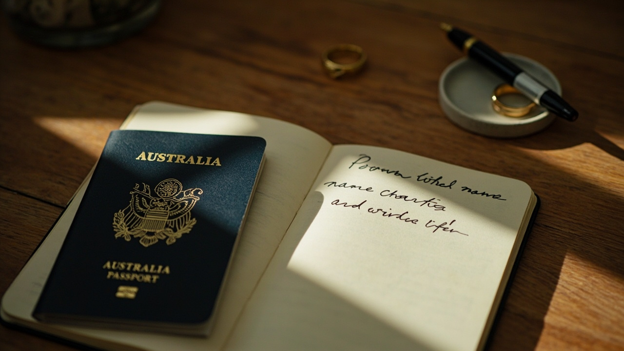 Overhead close-up of a closed Australian passport beside a notebook with a handwritten name-change note and a wedding ring on a small dish