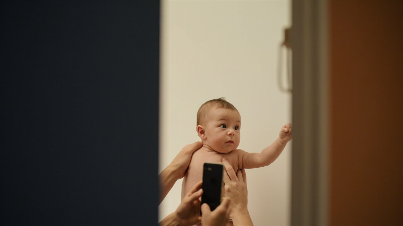 Australian family gently photographing their newborn for a passport-style photo against a plain white wall at home