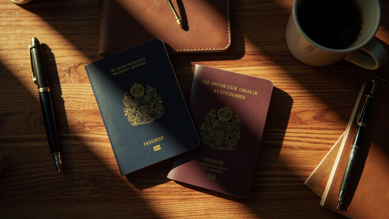 Overhead flat-lay of two different passports side by side on a warm wooden desk, suggesting a dual-citizen Australian traveller