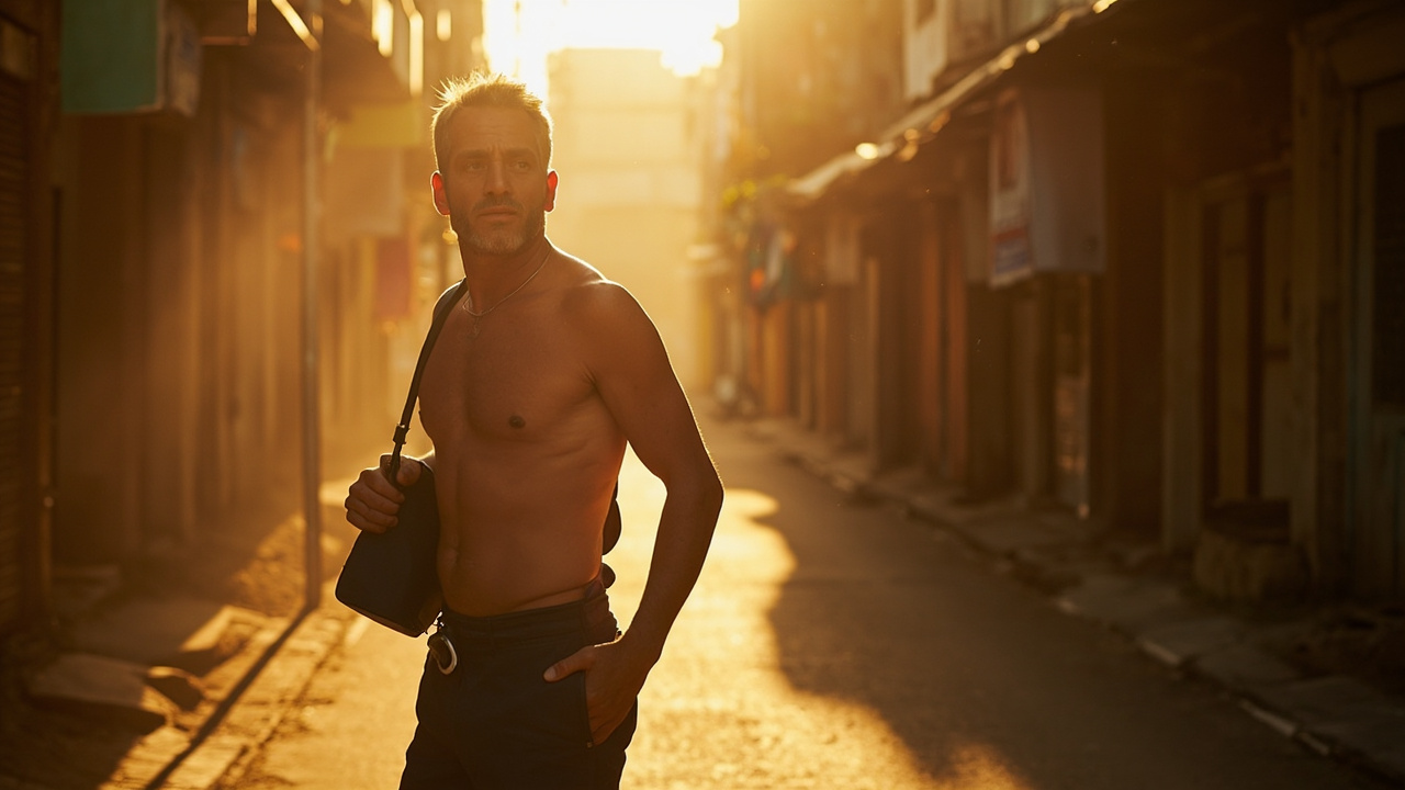 Australian traveller standing on a Phnom Penh street at warm light, hand on empty back pocket, calm not panicked body language