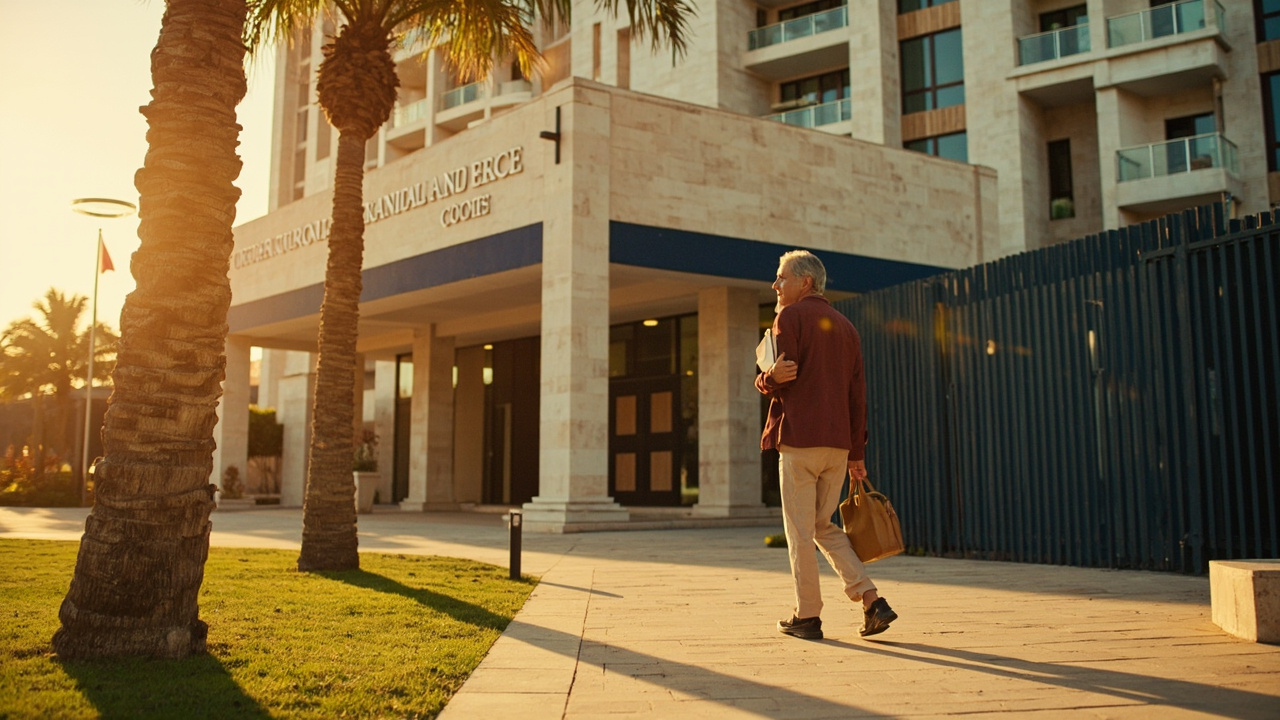 Generic modern embassy-style building exterior at warm afternoon light, no specific national flags visible, Australian traveller walking toward entrance