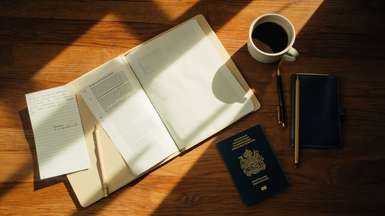 Overhead flat-lay of a generic emergency travel document folder, Australian traveller's small notebook, warm wooden desk
