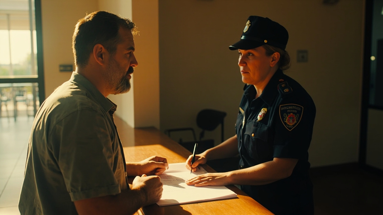 Australian traveller at a generic small police counter speaking with an officer, no specific signage